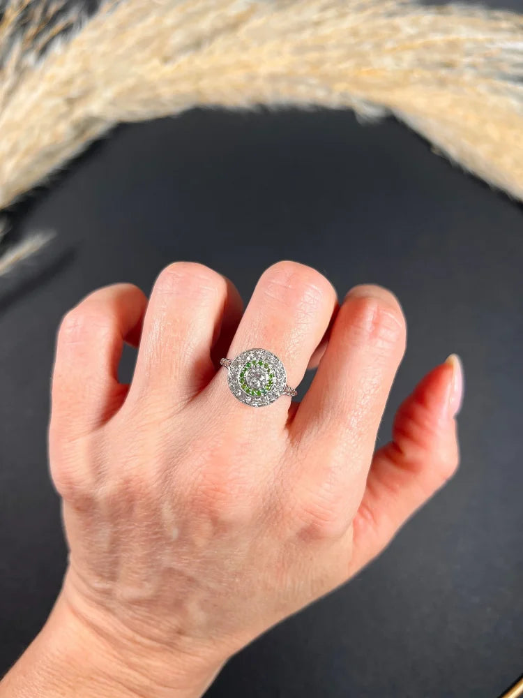 Edwardian Antique Demantoid Garnet and Diamond Target Cluster Ring