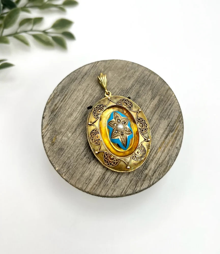 Antique 15 Carat Yellow Gold Locket/Pendant With Enamel And Gemstones