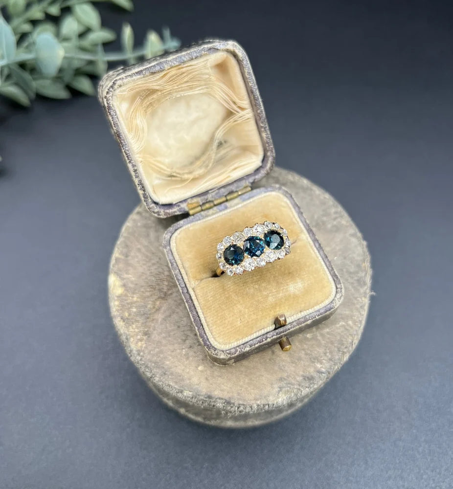 Edwardian Antique Sapphire and Diamond Triple Cluster Ring