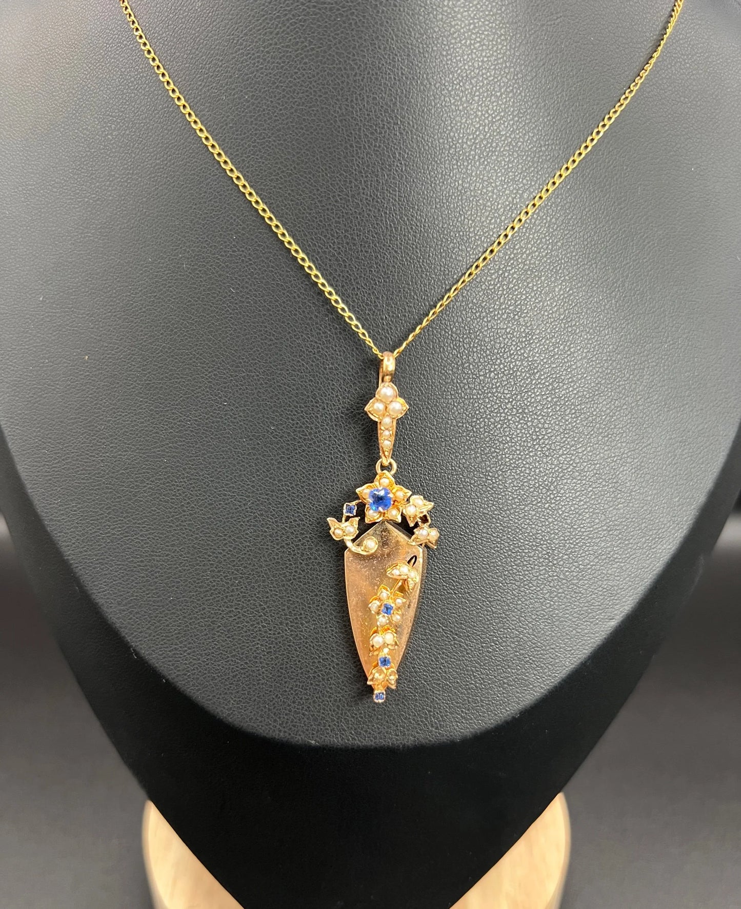 Antique 15 Carat Rose Gold Sapphire and Pearl Pendant, Circa 1900