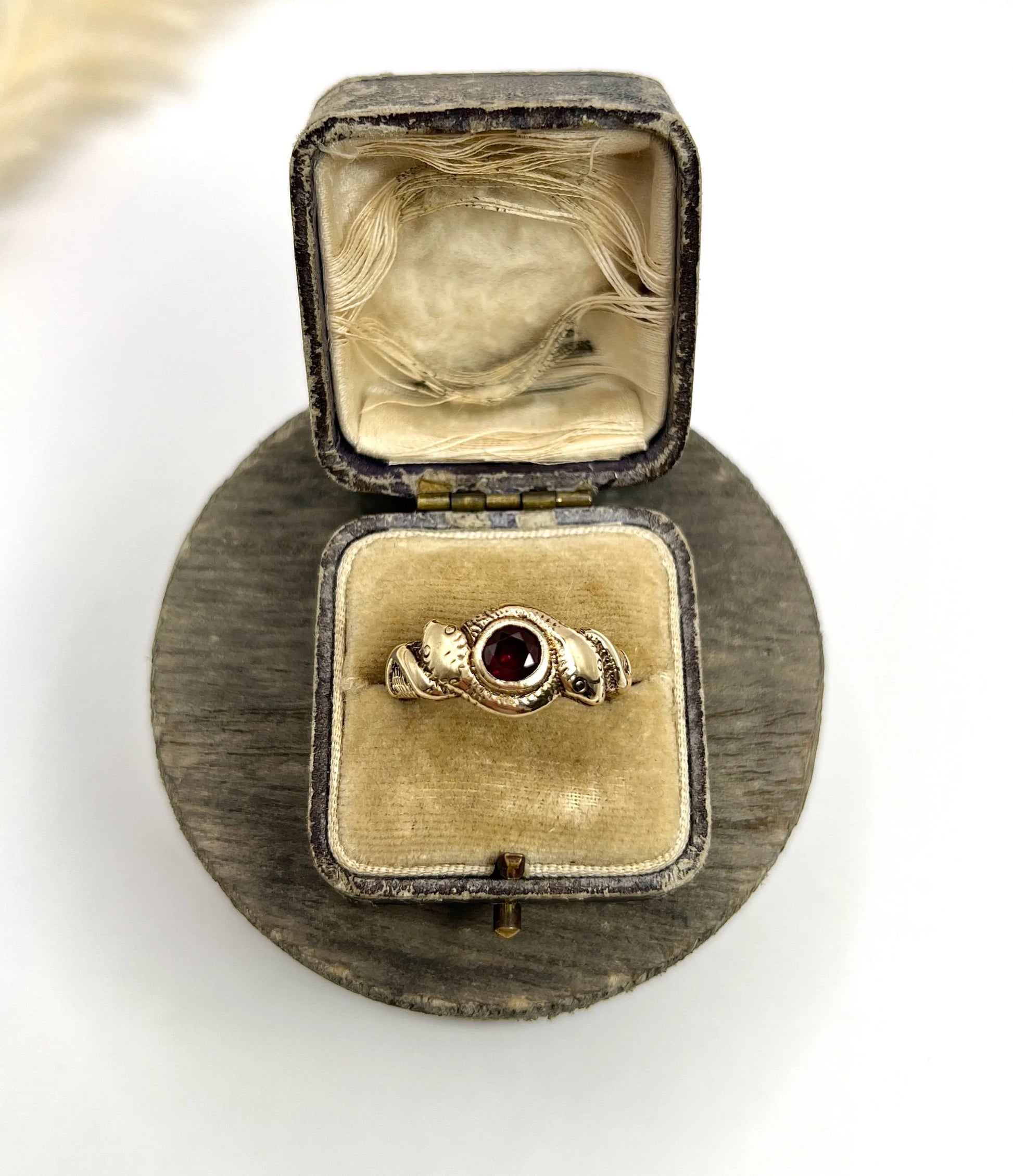 Edwardian 10 Carat Rose Gold Garnet Double-Headed Snake Ring, Circa 1910