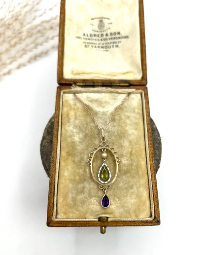 Antique 9 ct Gold, Edwardian Amethyst, Peridot, Seed Pearl And Enamel, Teardrop Suffragette Pendant Necklace