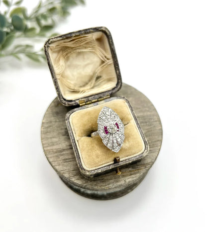 Vintage Diamond and Ruby Cluster Marquise Navette Shaped Ring