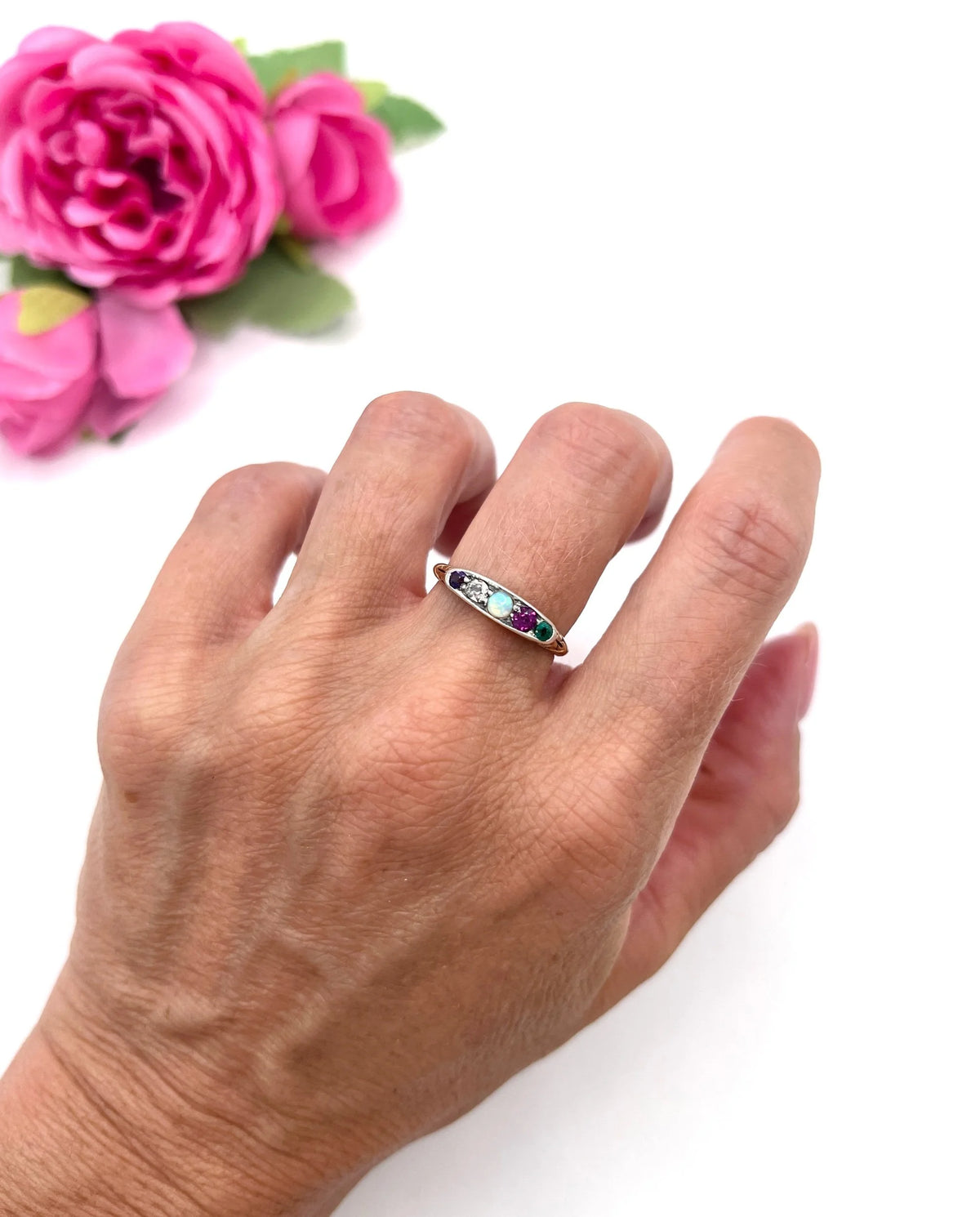 Antique 18 Carat Gold ADORE Amethyst, Diamond, Opal, Ruby and Emerald Acrostic Ring