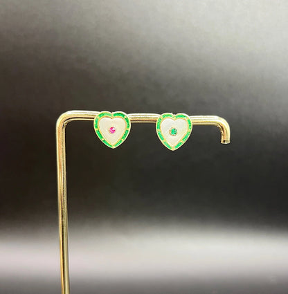Antique 15ct Yellow Gold, 1920s Mother of Pearl, Green Enamel, Ruby & Emerald Heart Shaped Stud Earrings