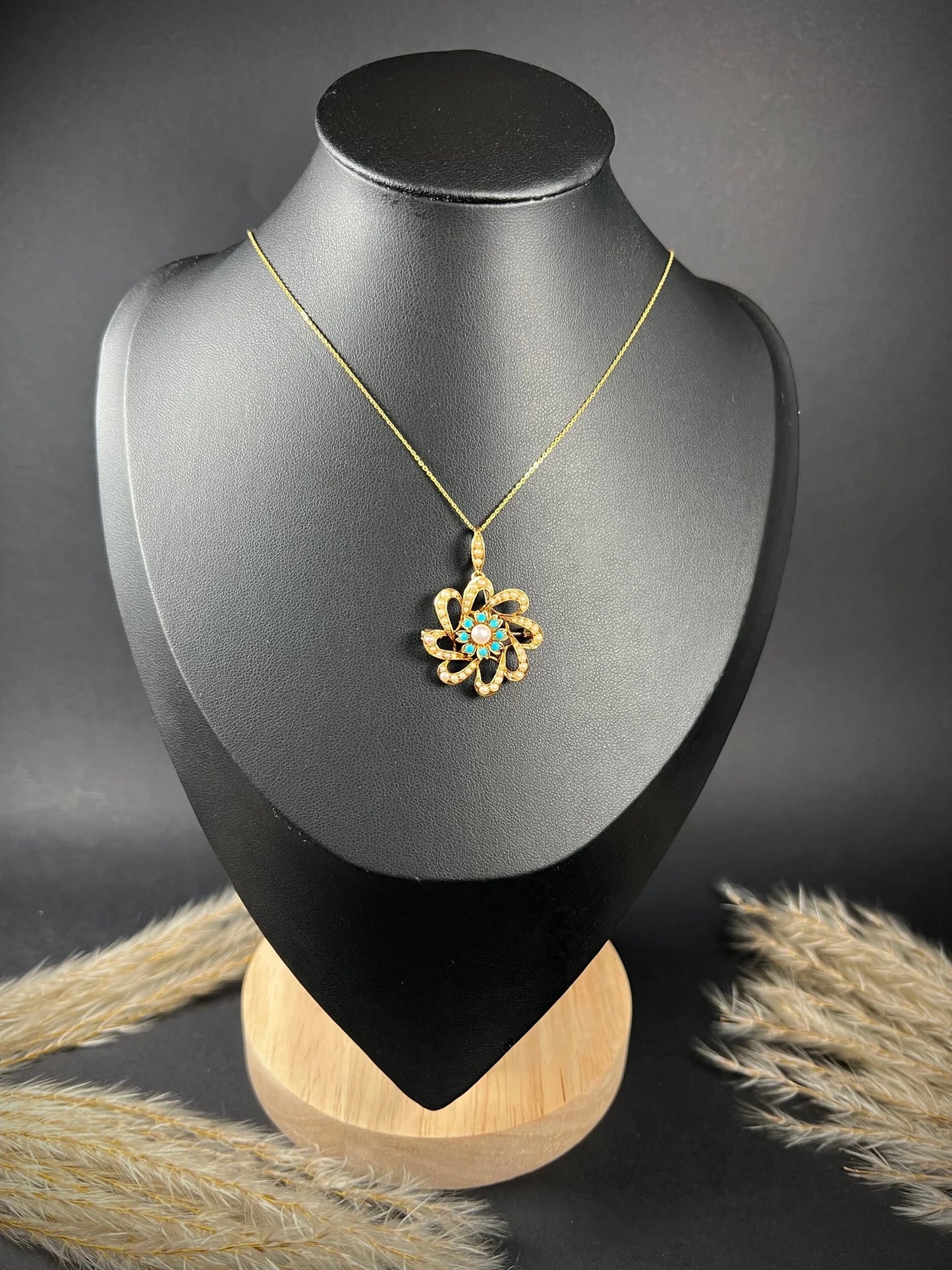 Antique 15ct Gold Edwardian Pearl & Turquoise Flower Pendant