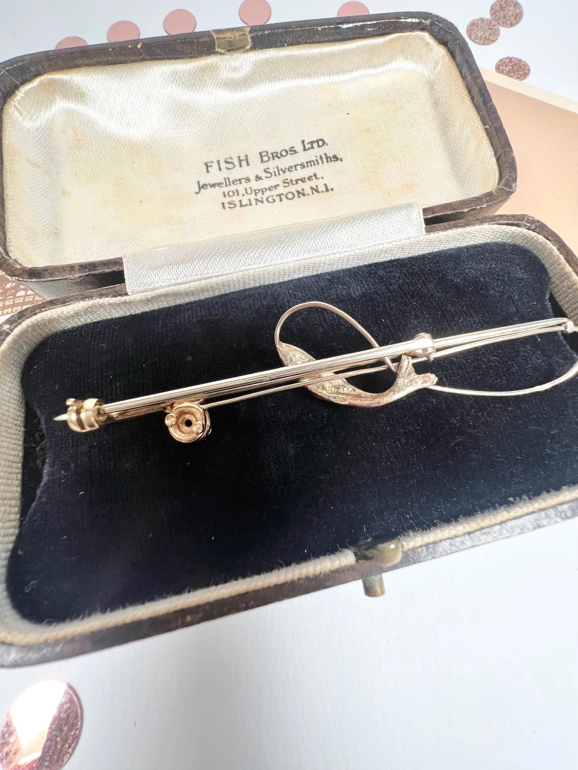 Antique 9ct Gold & Enamel Edwardian Fishing Rod Brooch, Hallmarked London 1905