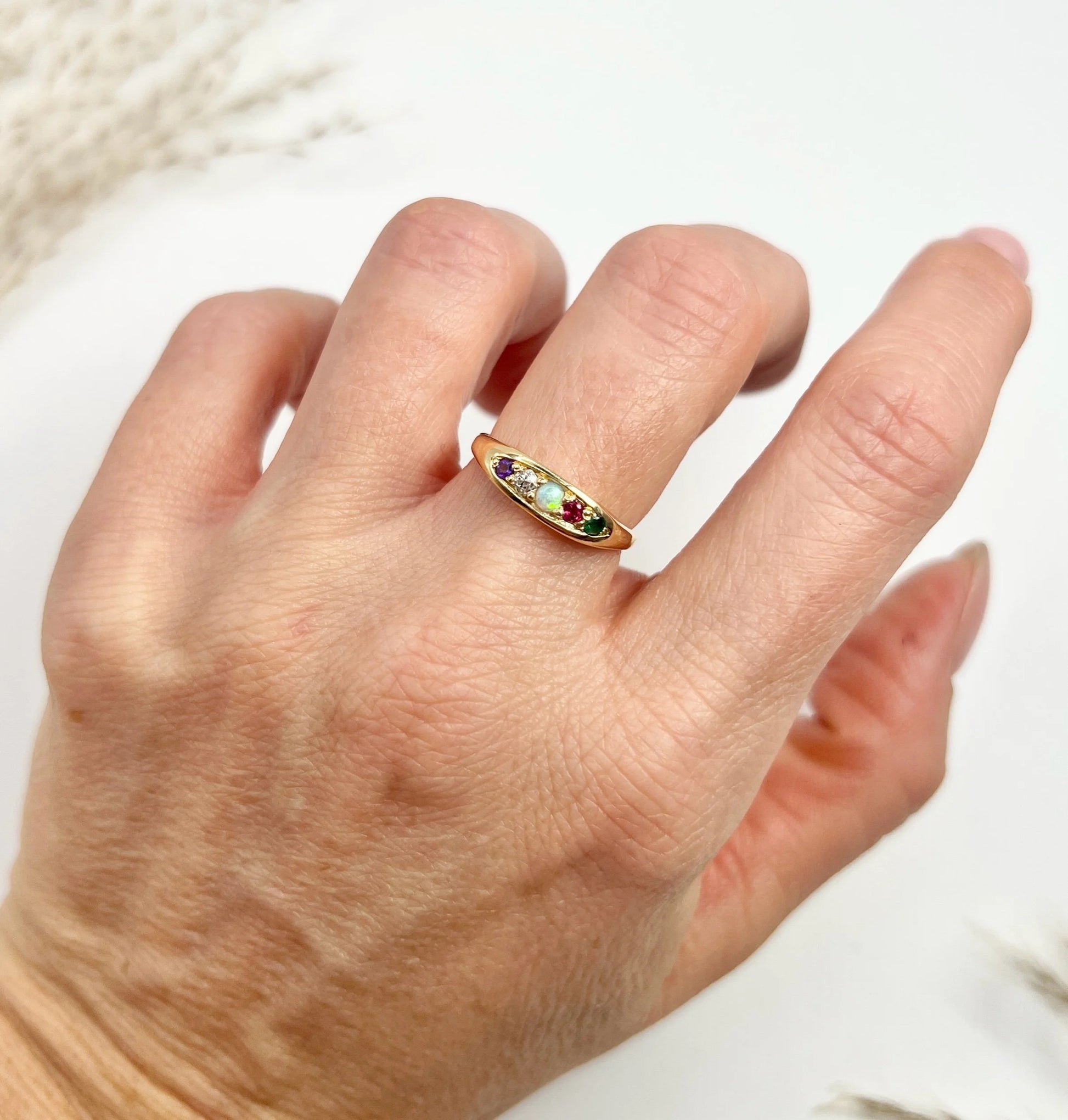 Antique 18ct Yellow Gold, Edwardian ADORE Amethyst, Diamond, Opal, Ruby & Emerald Boat Shaped Acrostic Ring, Hallmarked Birmingham