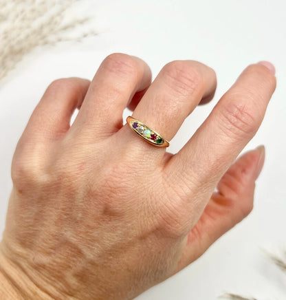 Antique 18ct Yellow Gold, Edwardian ADORE Amethyst, Diamond, Opal, Ruby & Emerald Boat Shaped Acrostic Ring, Hallmarked Birmingham