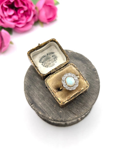 Victorian 18 Carat Yellow Gold Opal and Diamond Oval Cluster Ring, Circa 1890