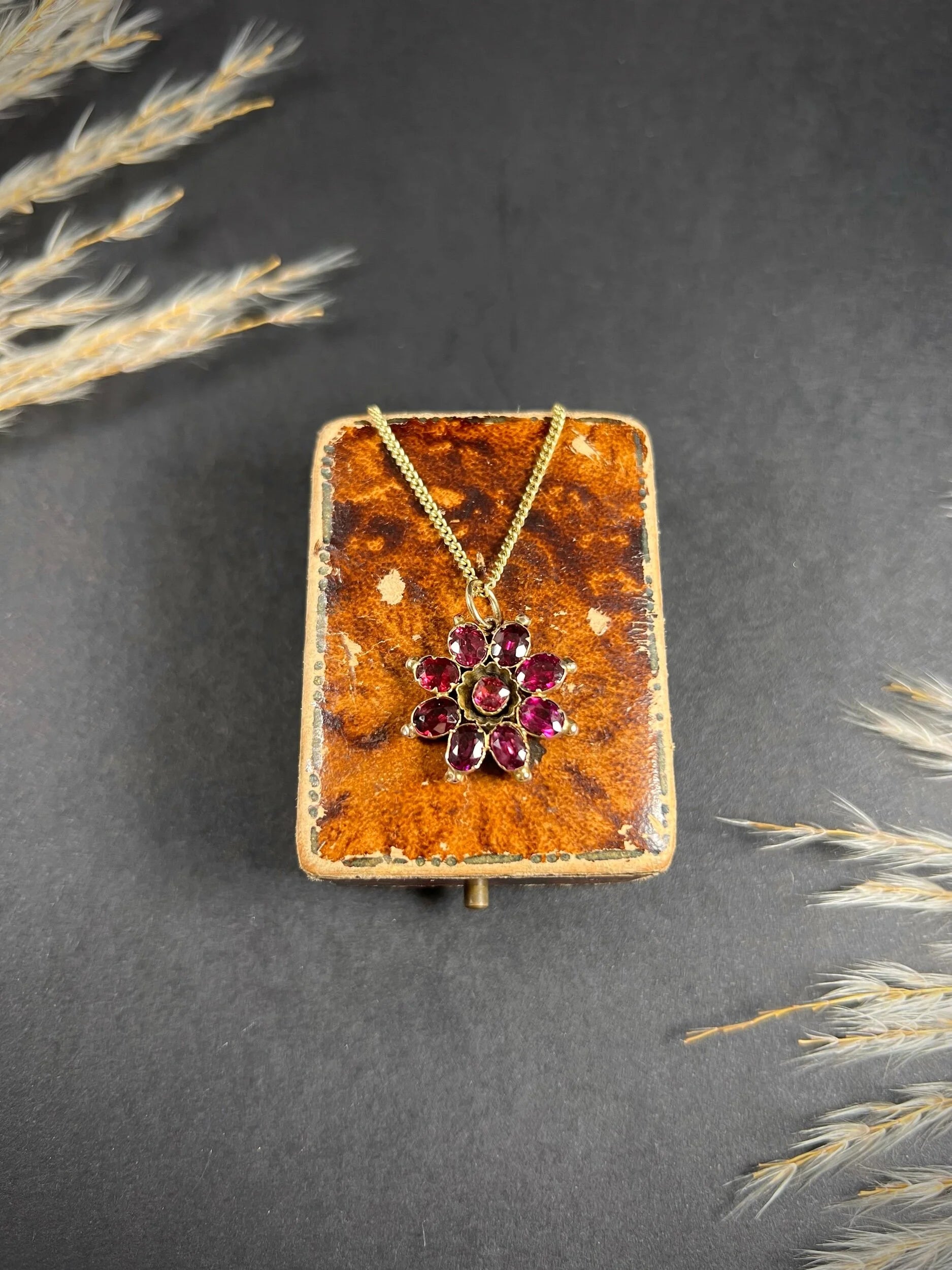 Antique 9ct Rose Gold, Early Victorian Almandine Garnet Floral Pendant
