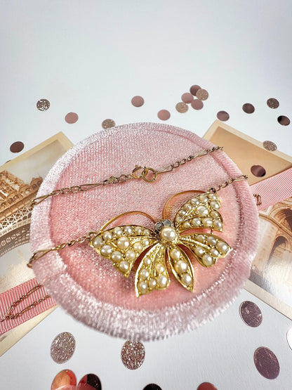 Antique 18 Carat Gold Victorian Butterfly Necklace Set With Pearls And Diamond Eyes