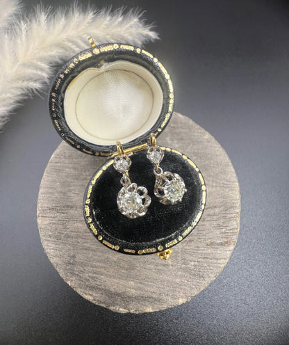 Antique 18ct Gold & Platinum Old Cut Diamond Drop Dangle Earrings