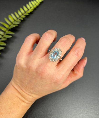 Vintage 2ct Aquamarine and Diamond Cluster Engagement Ring
