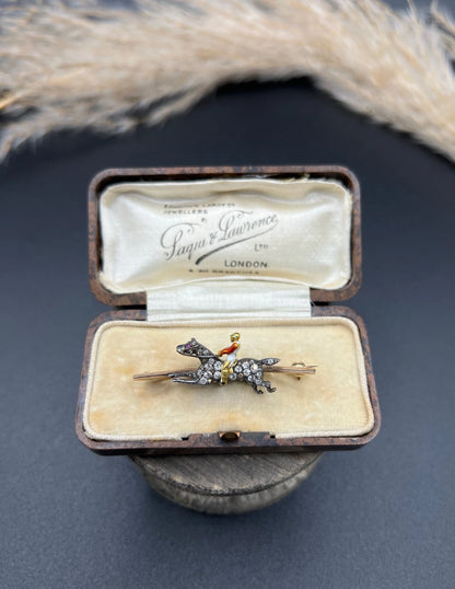 Antique 18 Carat Gold and Silver Diamond Horse and Enamel Jockey Brooch, Circa 1900