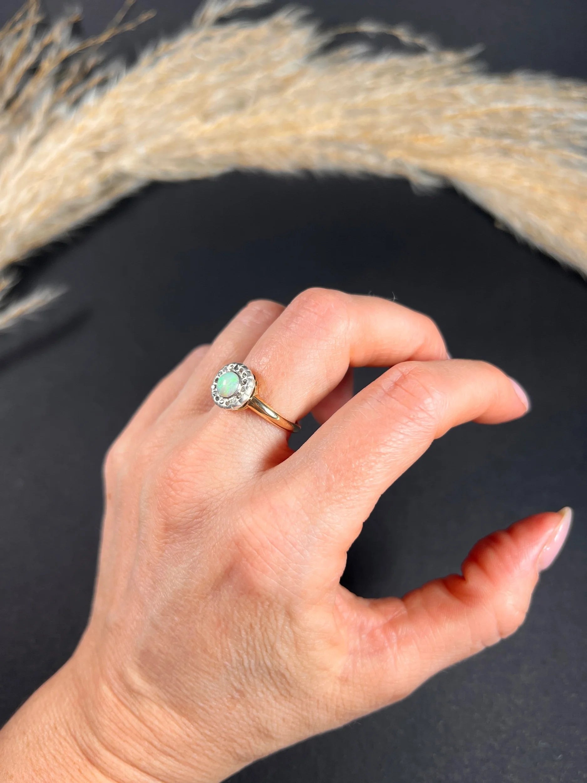 Antique 18 ct Yellow Gold, Early Victorian Opal And Diamond Halo Ring