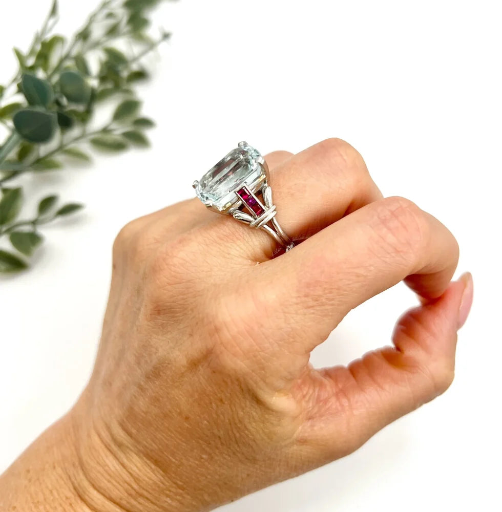 Vintage Cushion Cut Aquamarine Cocktail Ring with Ruby Shoulders in Platinum