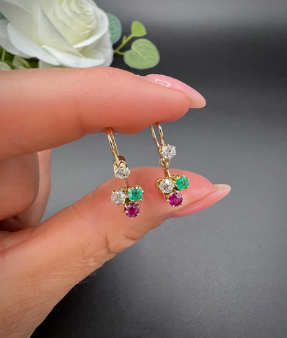 Antique 15ct Gold, Edwardian era Emerald, Ruby & Diamond Clover Earrings