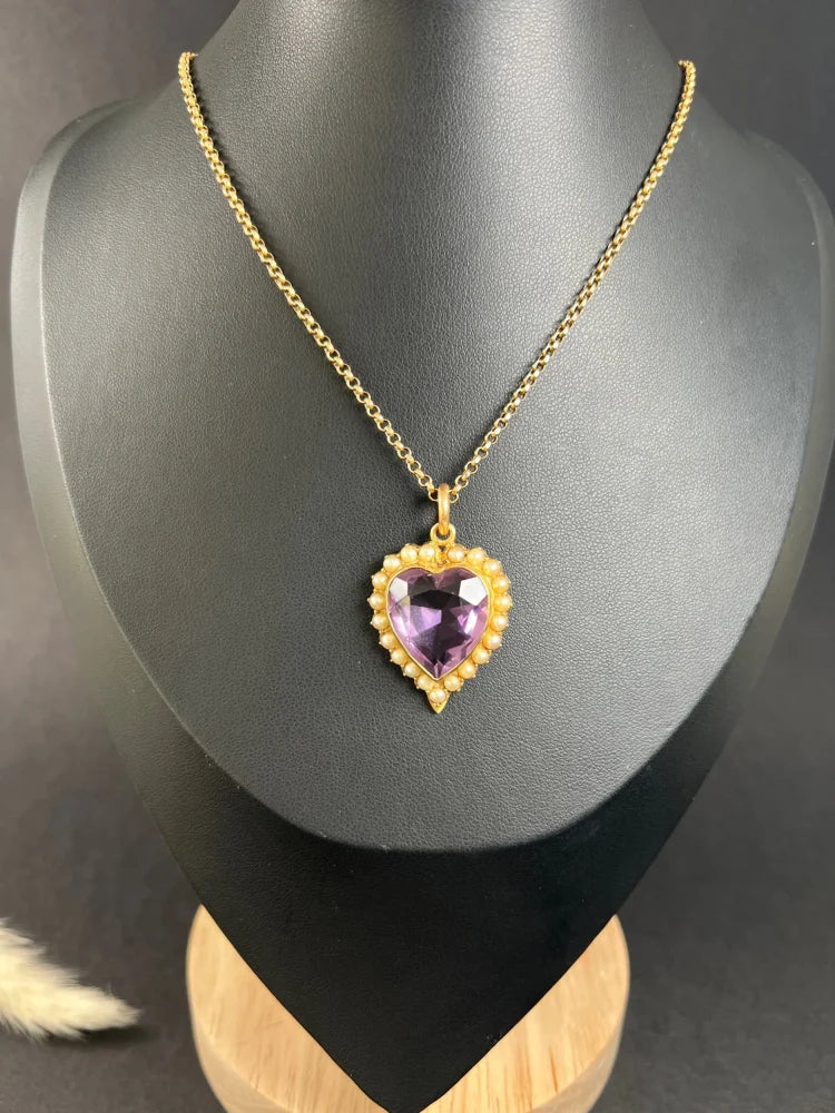 Antique Amethyst And Pearl Heart Pendant In 15 Carat Yellow Gold