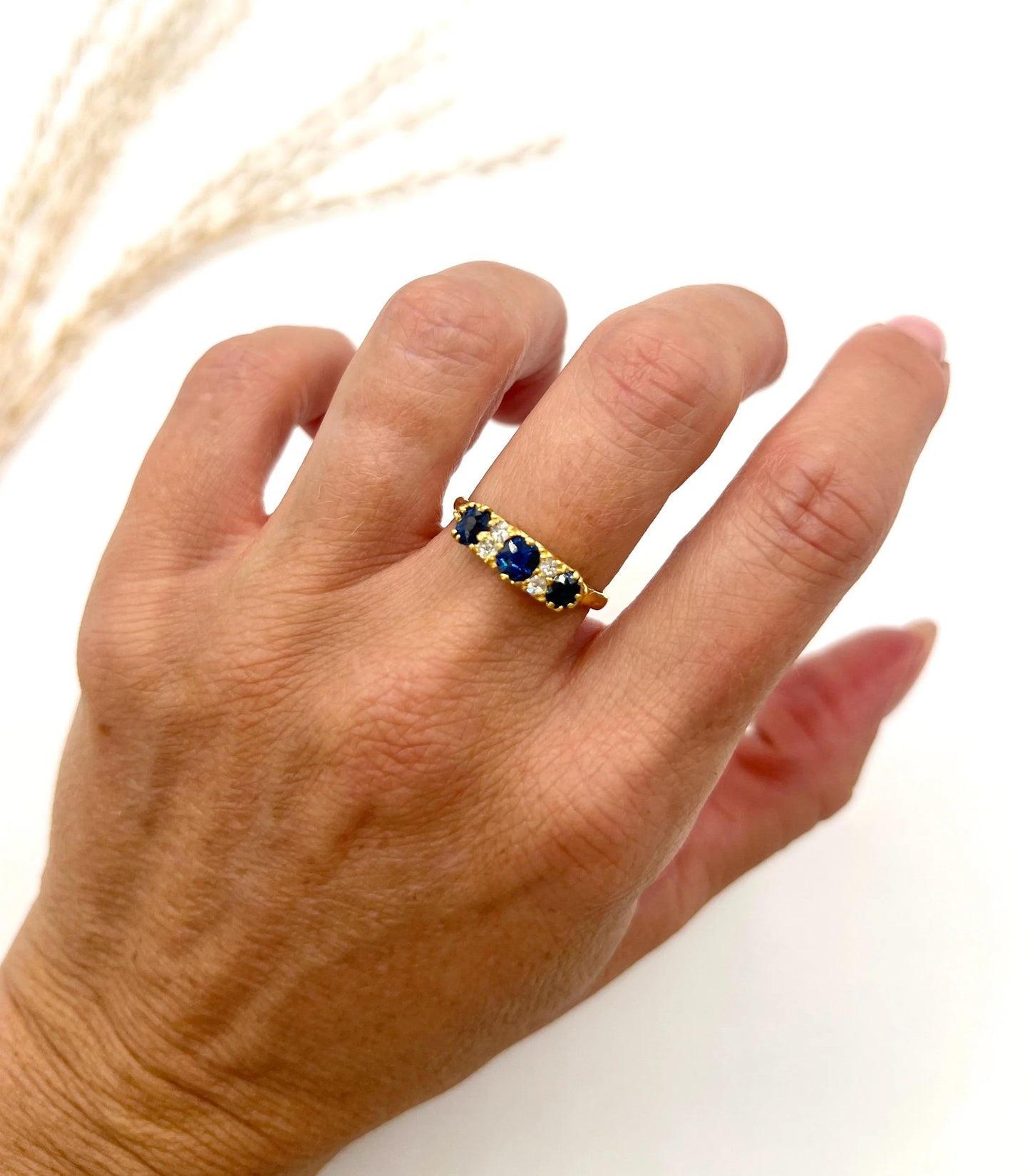 Antique 18 Carat Yellow Gold, Victorian Sapphire And Diamond Carved Seven Stone Ring