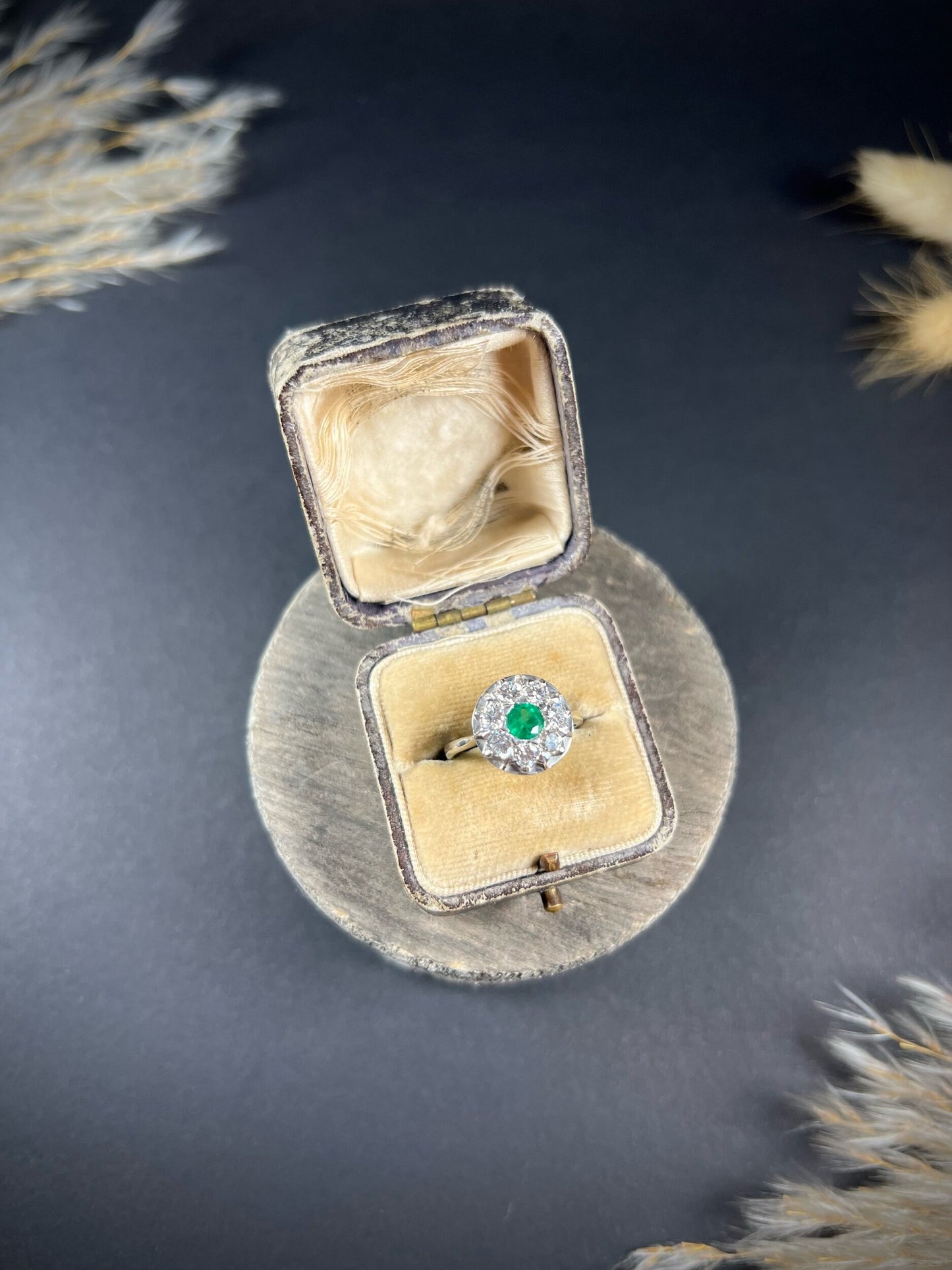 Vintage 18ct White Gold, 1940s Emerald Diamond Round Cluster Engagement Ring