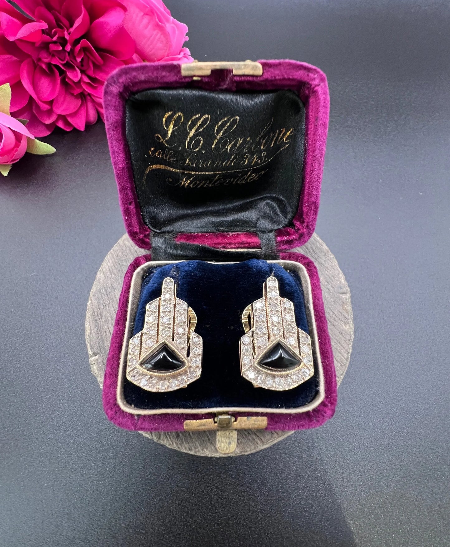 Vintage 14 ct Gold, Italian 1940's Art Deco Design, Diamond And Onyx Earrings