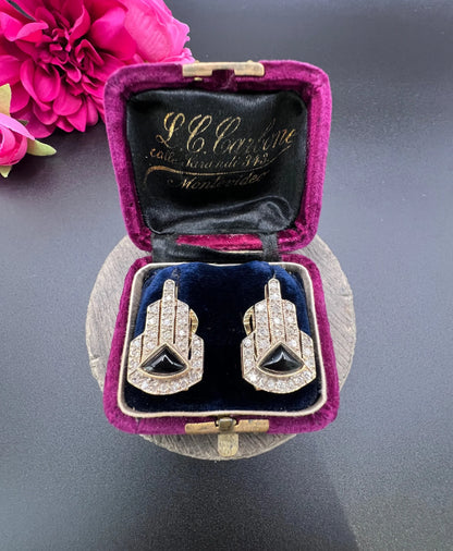Vintage 14 ct Gold, Italian 1940's Art Deco Design, Diamond And Onyx Earrings