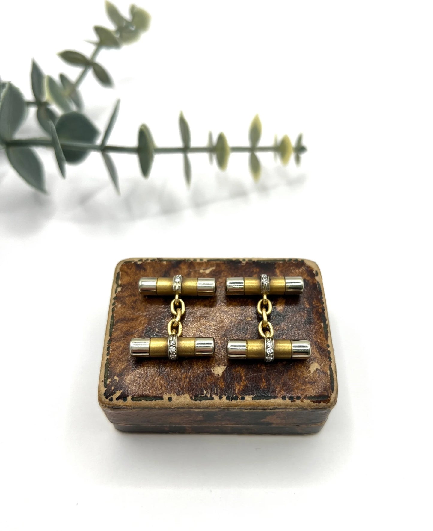 Art Deco French 18 Carat Gold and Platinum Diamond Barrel Cufflinks, Circa 1920
