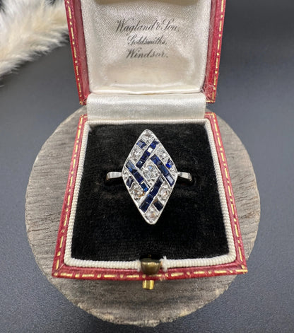 Antique 18 Carat Gold And Platinum Art Deco Sapphire And Diamond Marquise Ring