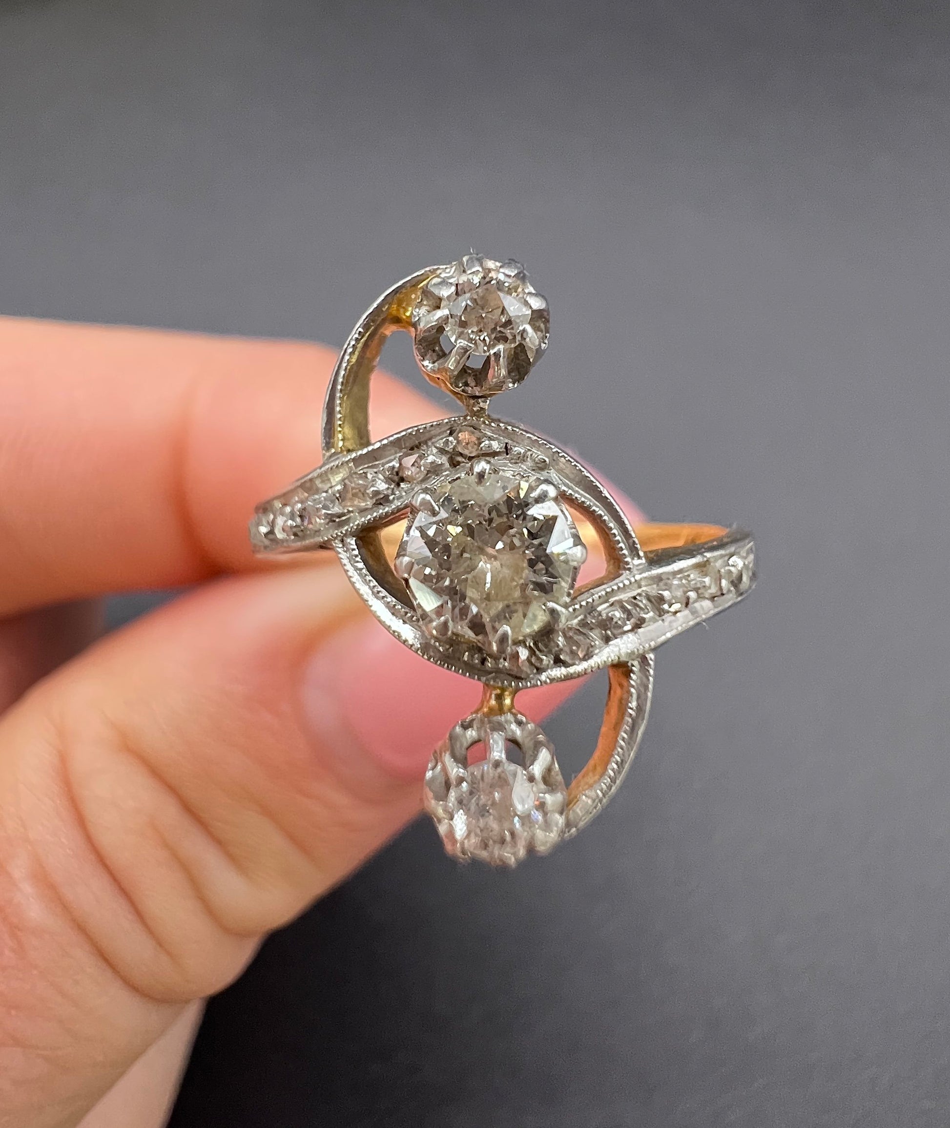 Antique 18 ct Gold And Platinum, 3 Stone Diamond Belle Époque Ring