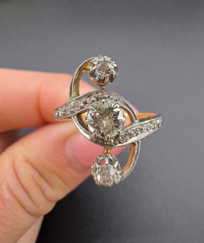 Antique 18 ct Gold And Platinum, 3 Stone Diamond Belle Époque Ring