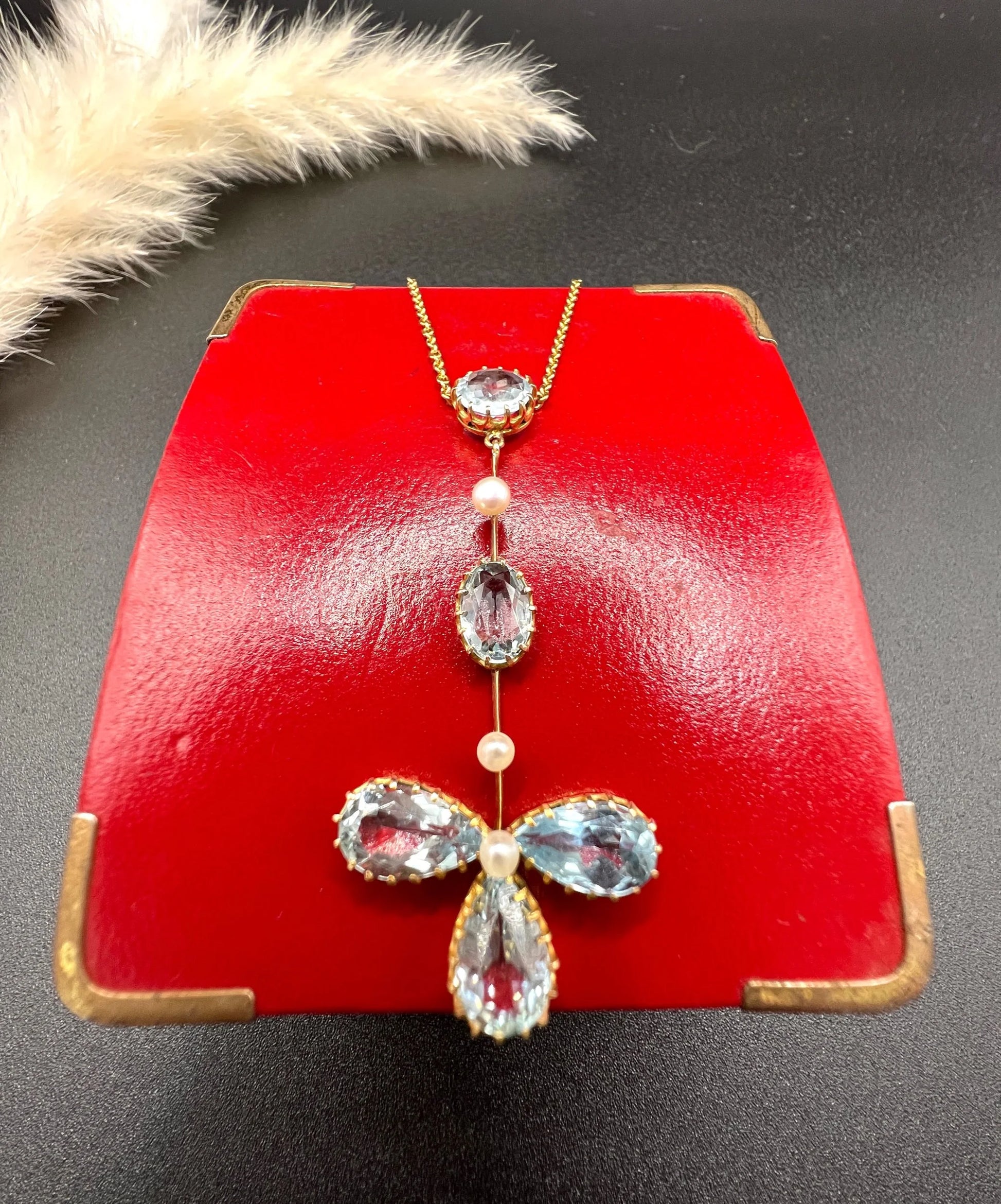 Antique 9 ct Yellow Gold, Edwardian Aquamarine And Pearl Floral Pendulum Drop Pendant