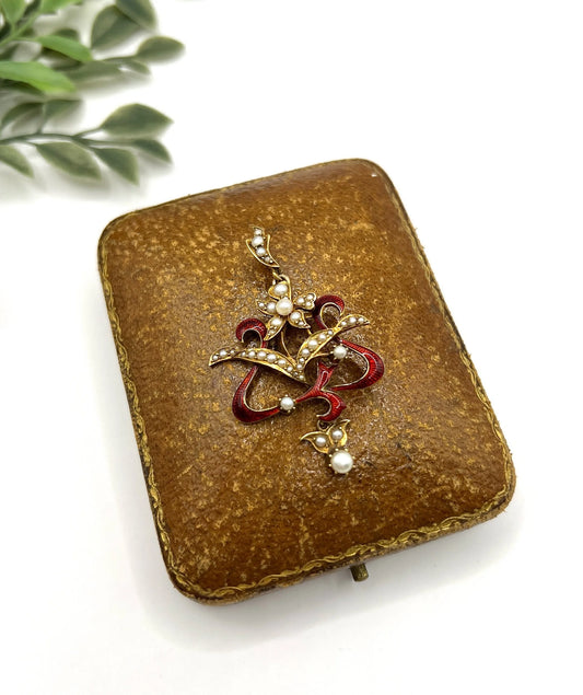 Edwardian 15 Carat Yellow Gold Red Enamel and Seed Pearl Floral Pendant, Circa 1910