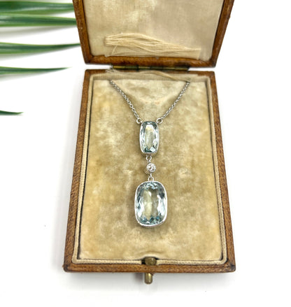 Vintage platinum, 1920s Aquamarine & Diamond Pendant Necklace