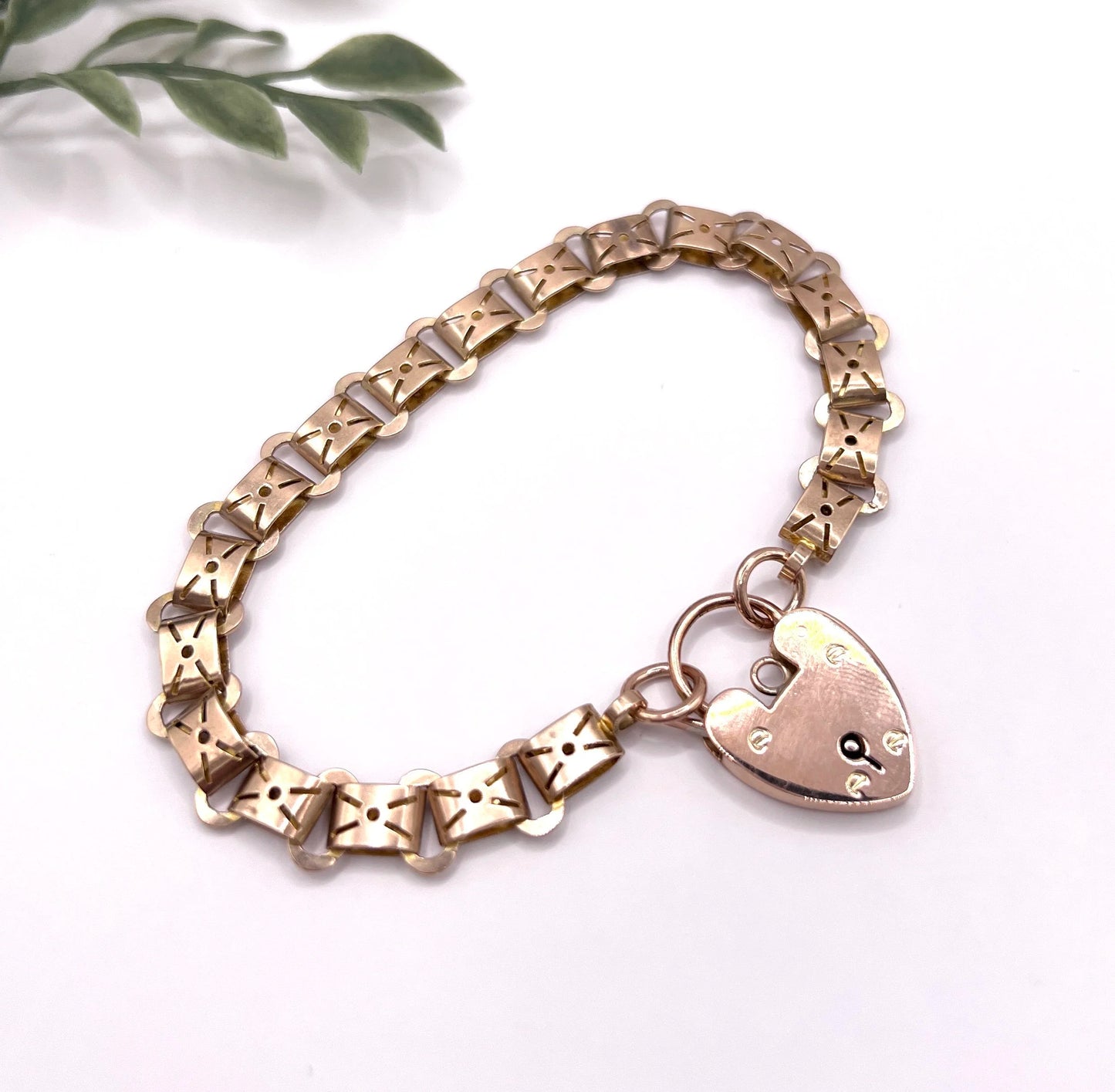 Antique 9 Carat Rose Gold Fancy Link Bracelet with Heart Shaped Padlock