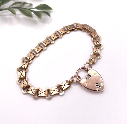 Antique 9 Carat Rose Gold Fancy Link Bracelet with Heart Shaped Padlock