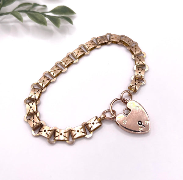 Antique 9 Carat Rose Gold Fancy Link Bracelet with Heart Shaped Padlock