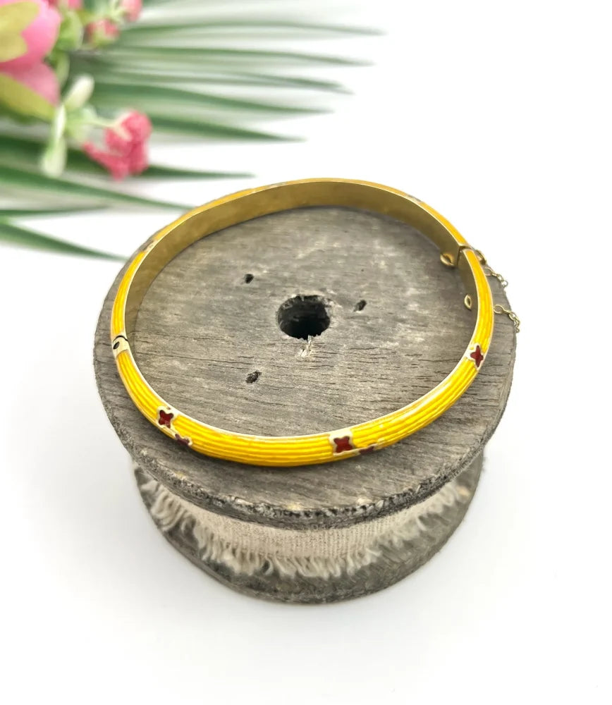 Art Deco Yellow Guilloche Enamel Bangle Bracelet