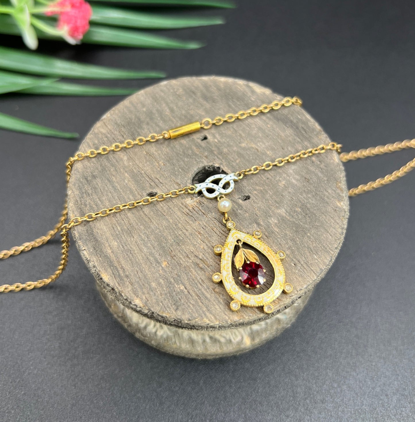 Antique 15 ct Gold, Edwardian Garnet, Diamond, Seed Pearl And Enamel Pendant Necklace