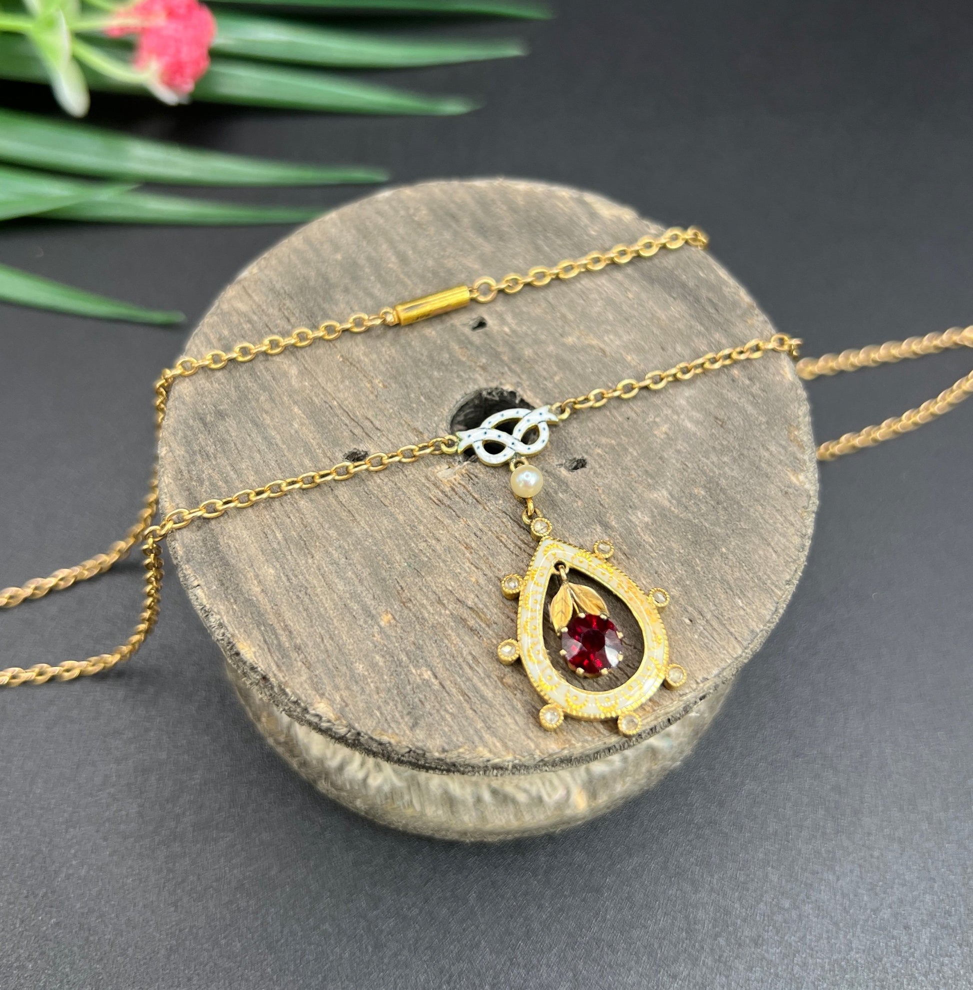 Antique 15 ct Gold, Edwardian Garnet, Diamond, Seed Pearl And Enamel Pendant Necklace