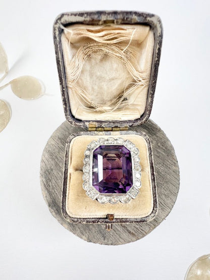 Antique 12 Carat Amethyst Cluster Halo Ring In 18 Carat White Gold And Platinum