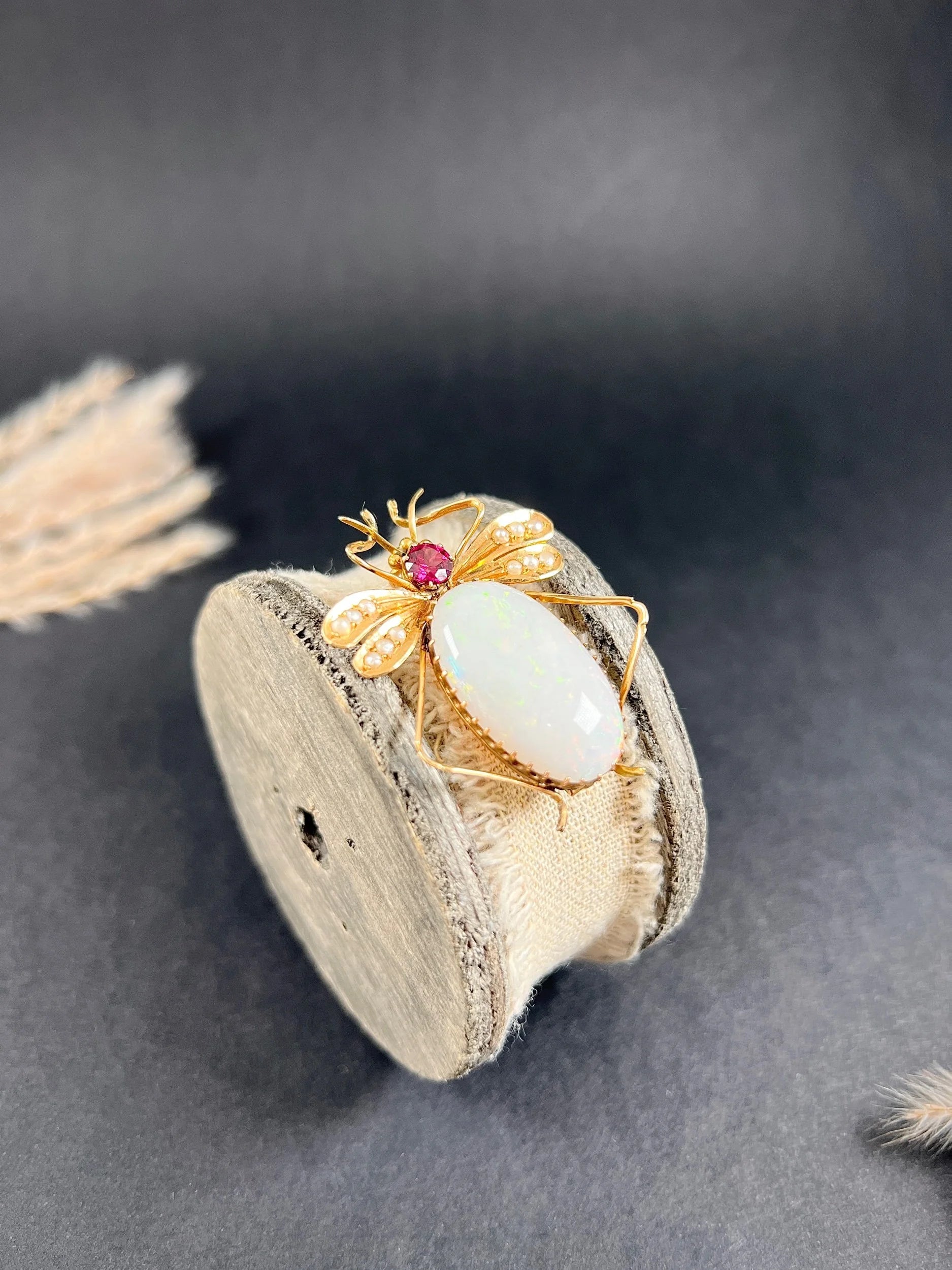 Antique 15 Carat Gold Edwardian Almandine Garnet, Opal And Pearl Insect Brooch