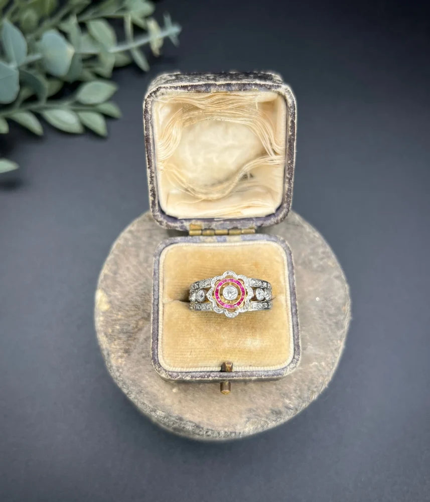 Antique 18 Carat Yellow Gold And Platinum Cocktail Ring With Diamonds And Rubies