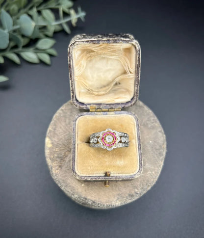 Antique 18 Carat Yellow Gold And Platinum Cocktail Ring With Diamonds And Rubies