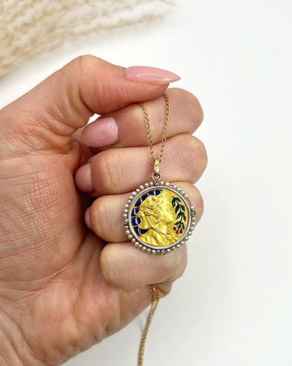 Antique 18 Carat Yellow Gold Plique a Jour and Seed Pearl Lady Portrait Pendant