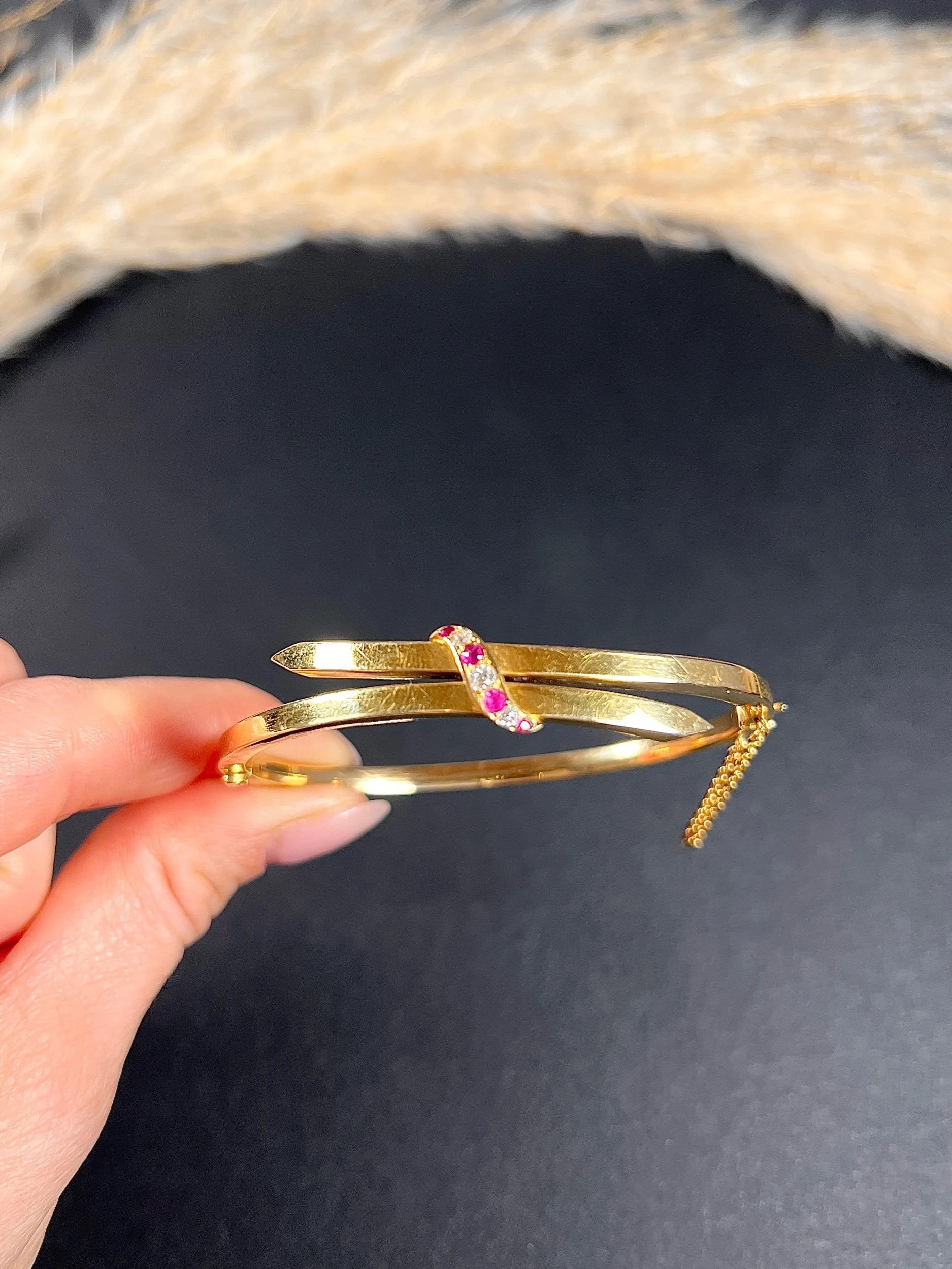 Vintage 15 Carat Yellow Gold, 1930's Ruby And Diamond Crossover Bangle