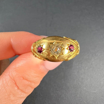 Antique 22ct Yellow Gold, Birmingham Hallmarked 1920, Ruby & Diamond Star Set 3 Stone Gypsy Ring
