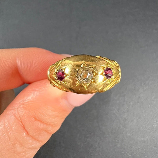 Antique 22ct Yellow Gold, Birmingham Hallmarked 1920, Ruby & Diamond Star Set 3 Stone Gypsy Ring