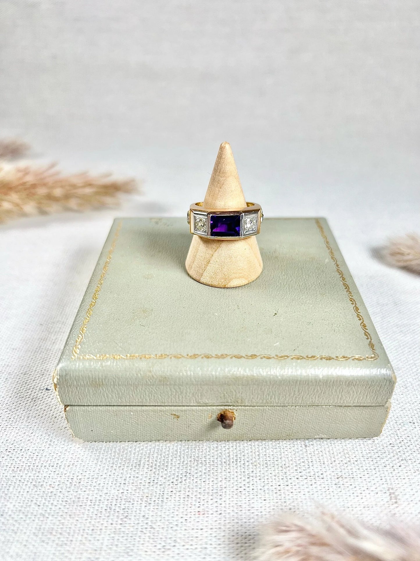 Vintage 18 Carat Gold Amethyst and Brilliant Cut Diamond Fraternity Ring, Circa 1950