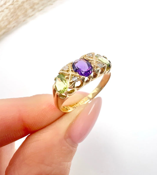 Antique 18 ct Yellow Gold, Amethyst, Diamond And Peridot Suffragette Ring